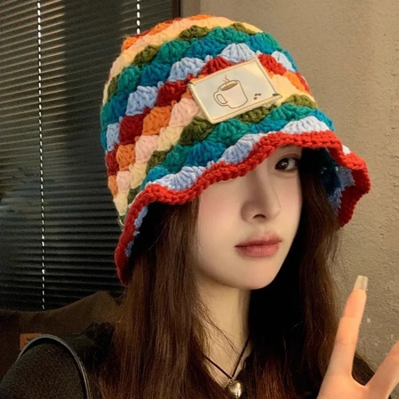 Korean Version Rainbow Splicing Rhombus Knitted Hat Women's Autumn and Winter Versatile Warm Dome Bucket Cap for Women's Bonnet