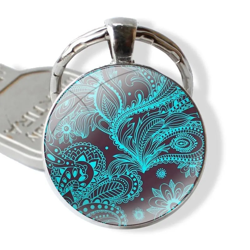 Keychain Glass Cabochon Metal Pendant Classic Men's Women's Keyring Paisley Peacock Flowers