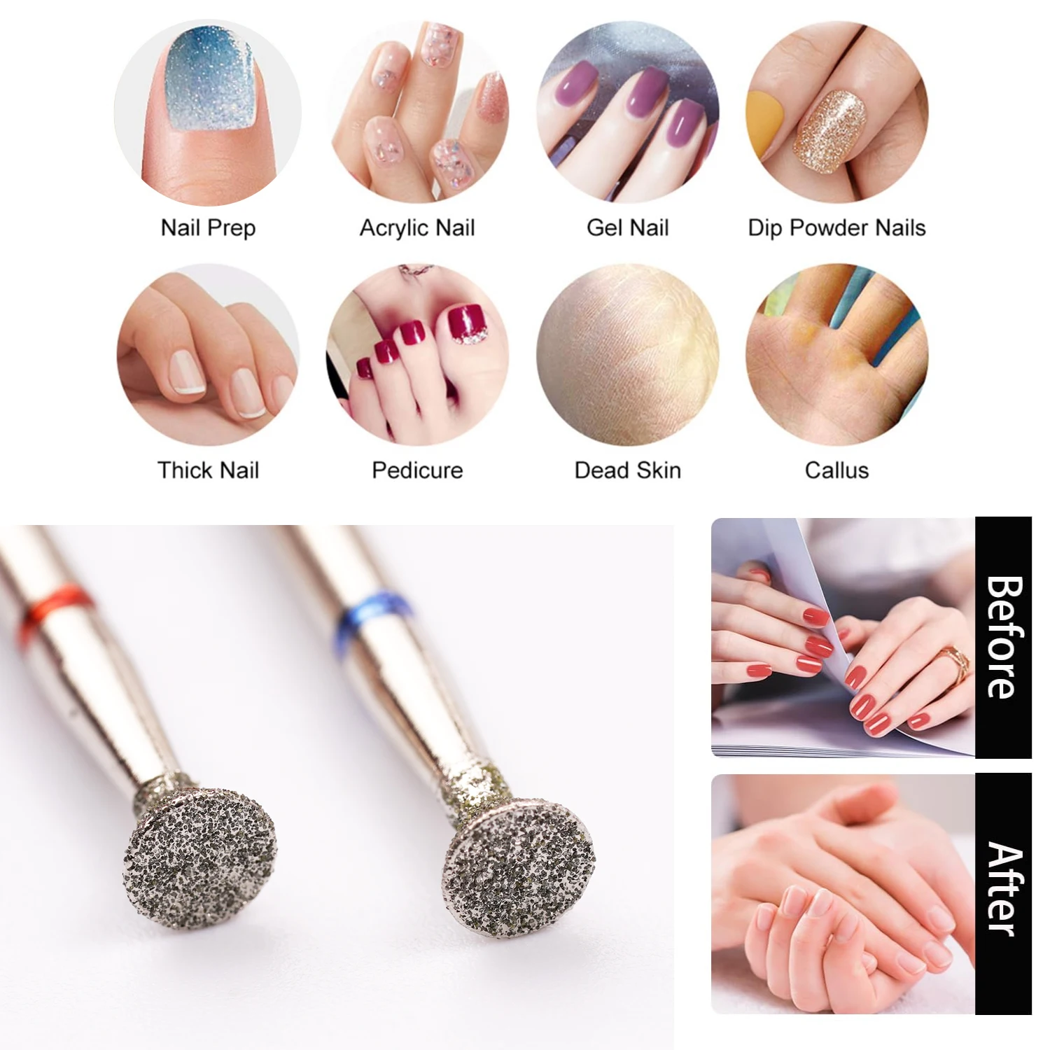 2 szt. Frez diamentowy do skórek 3/32 cala, bezpieczny frez z węglika spiekanego do czyszczenia pod paznokciem, do usuwania martwego naskórka i przygotowania paznokci (F & M)