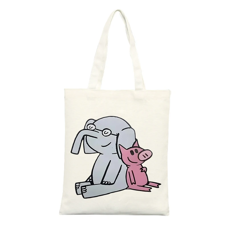 Canvas Tote Bag with Elephant and Pig Animal Graphic, Casual Style for Daily Shopping and Outings