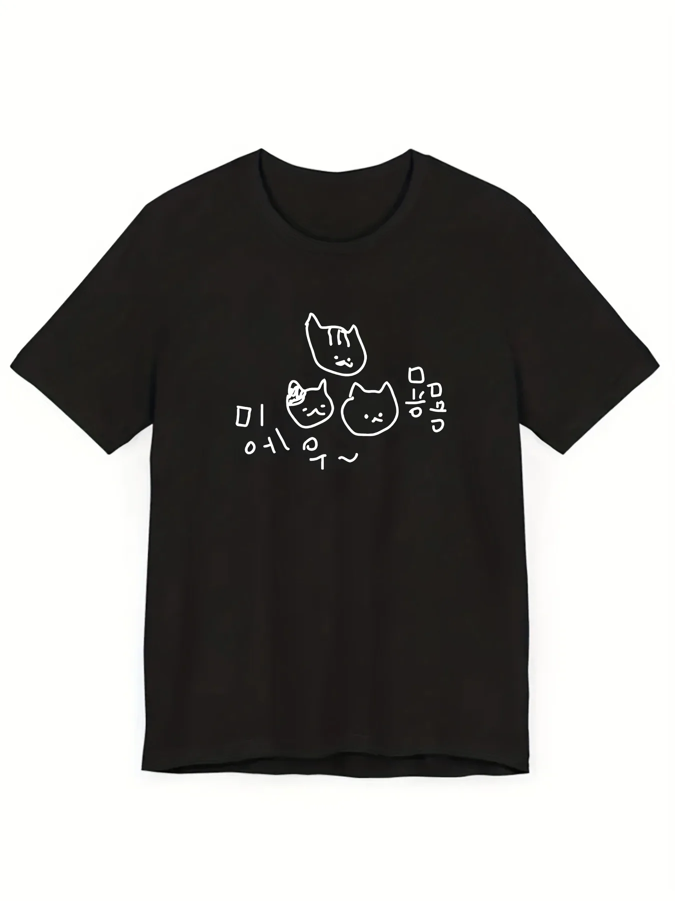 

Мужская черная футболка в стиле Y2K с милым мультяшным котом, корейский текст, легкая дышащая футболка с короткими рукавами, весенне-летняя повседневная одежда