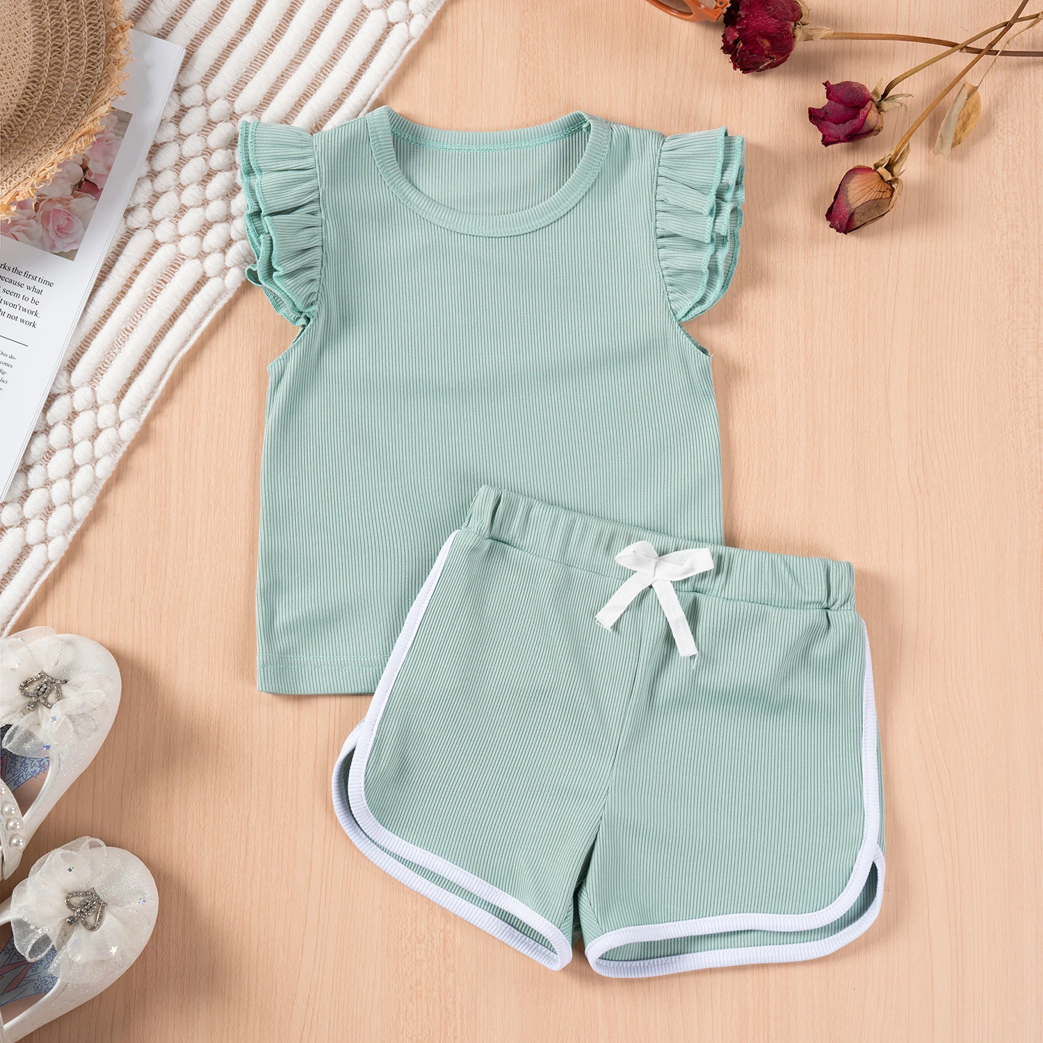 Toddler Girls Summer Suit 0-4Y Little Fly Sleeve Design T-shirt Elastic Waist Shorts  2pcs Casual Sports Suit Kids Clothes Girls