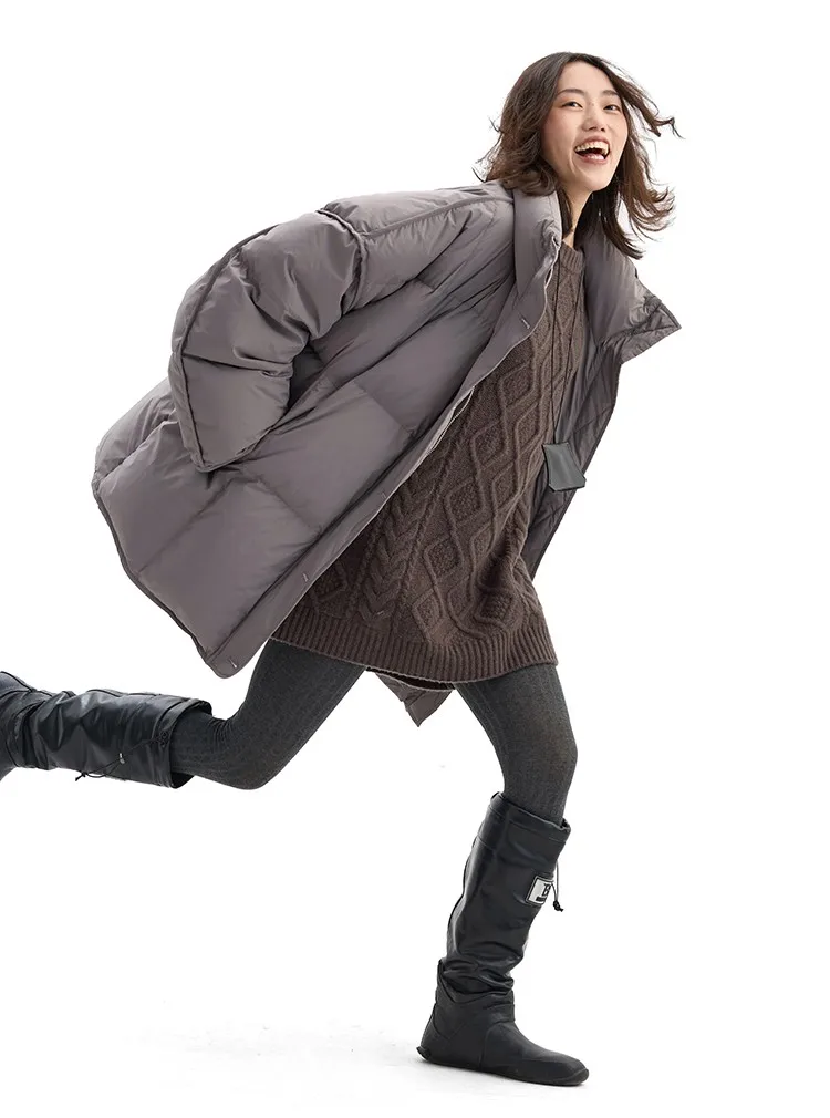 Women's Mid-Length Oversized down Jacket with Stand Collar, Warm Oversized Jacket Filled with White Duck Down, New Winter 2025 Model