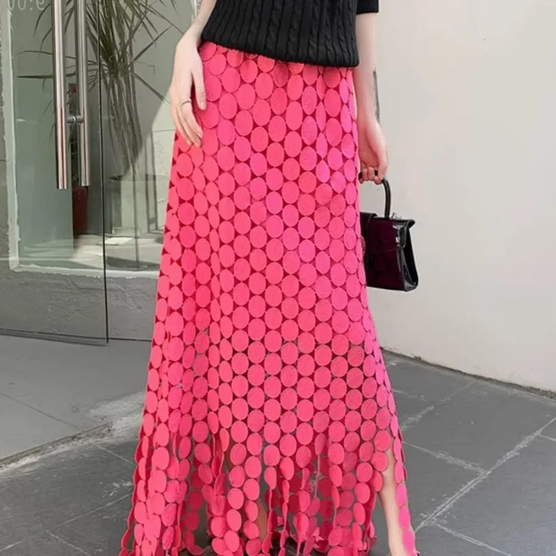 Gonna dritta media lunga a pois sottili a vita alta nuova estate 2025 da donna in tinta unita con frange scavate stile vacanza