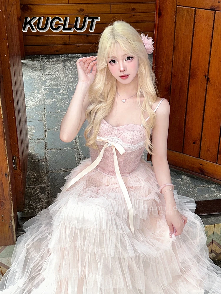 Rosa Schleife Spitze Hosenträger Damen 2-teiliges Set Sommer Polka Dot Tube Top Weste Mesh Kuchen Hohe Taille Top und Rock Anzug Femme