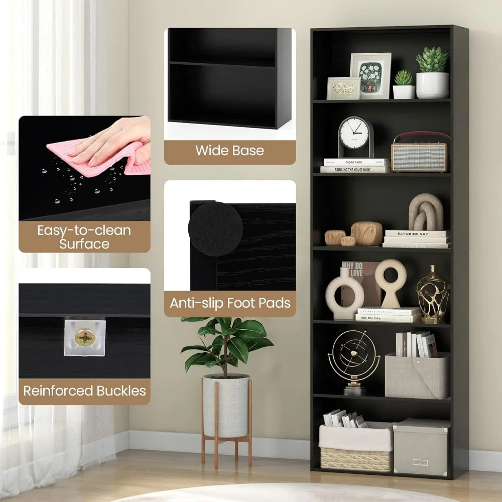 خزانة كتب خشبية قائمة على الأرض مكونة من 6 طبقات، وأرفف تنظيم تخزين مفتوحة العرض، و70 رف كتب طويلًا للاستخدام في المكاتب المنزلية