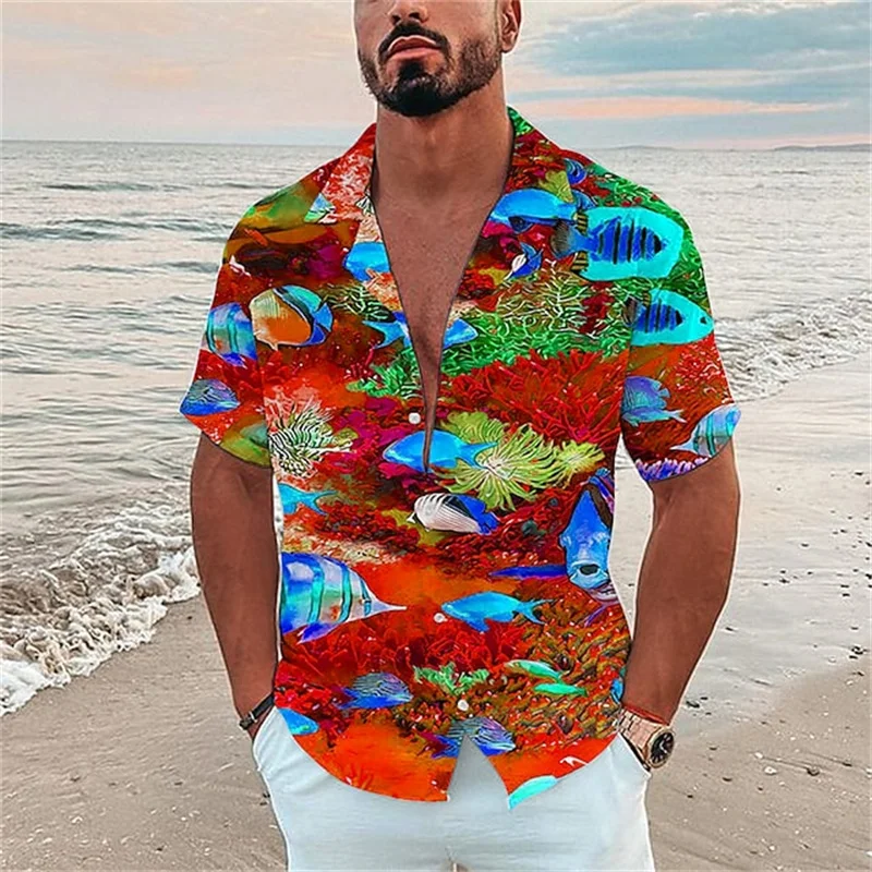 Men\'s Ocean Elements Breathable Shirts Men\'s Hawaiian Fish Print Shirts Beach Casual Shirt Fashion Men\'s Short Sleeve Shirts