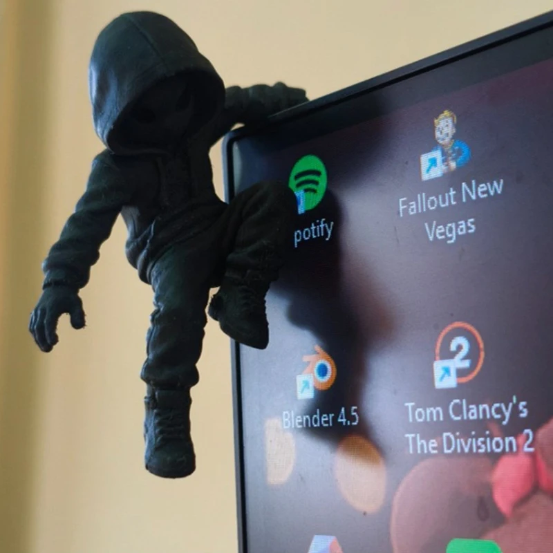 Hooded Climber Monitor Decor Figurine 3D Printed Matte Black Black Hooded Rock Climber Figurine Gaming Setup Urban Style New