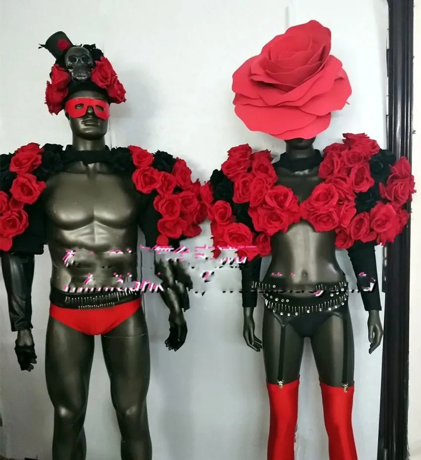 Halloween bar GOGO rose costume red big rose headdress costume