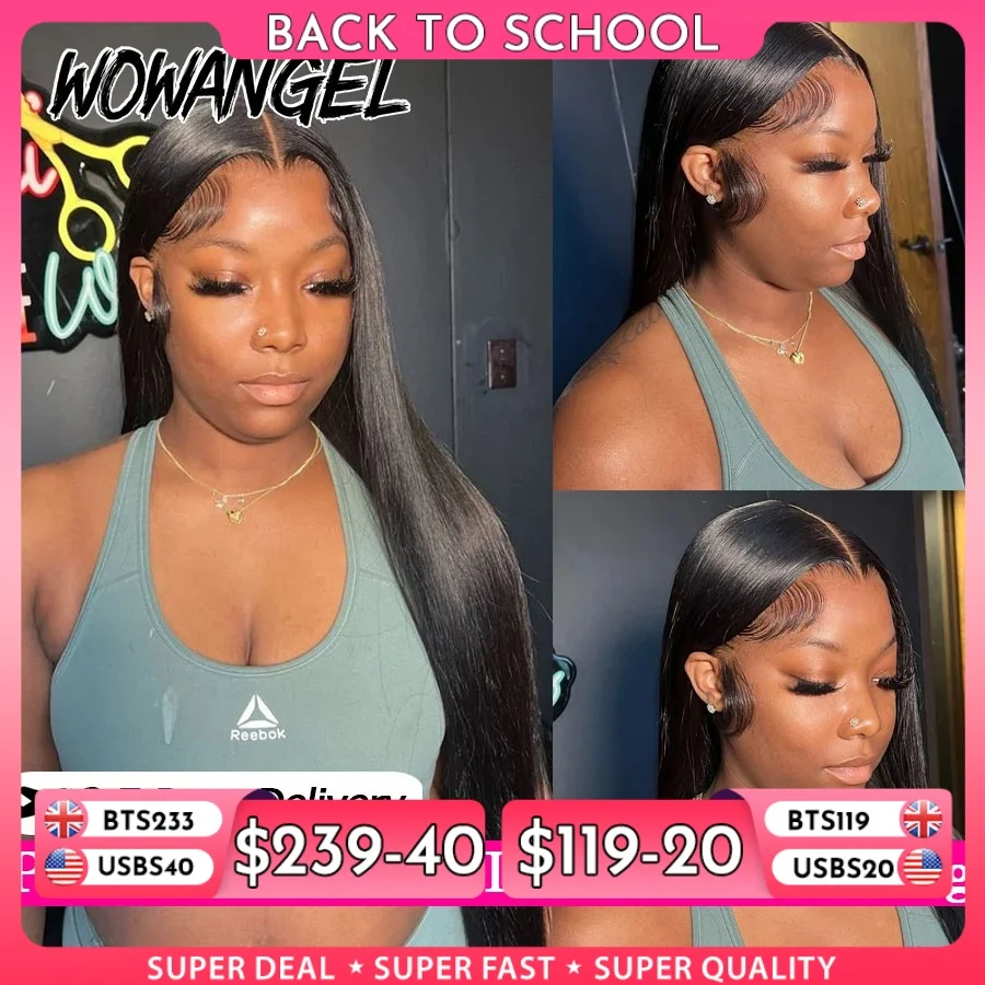 WowAngel 250 % vorgebleichte 13 x 6 HD-Lace-Front-Perücken, 34 Zoll, leimlose, glatte Echthaar-Perücken, vorgezupftes brasilianisches Haar für Frauen