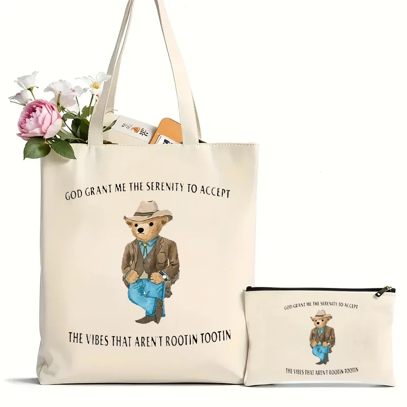 2Pcs Cute Cartoon Serenity Bear Shoulder Bag Shopping Bag, Casual Reusable Tote Bag, Multifunctional Handbag