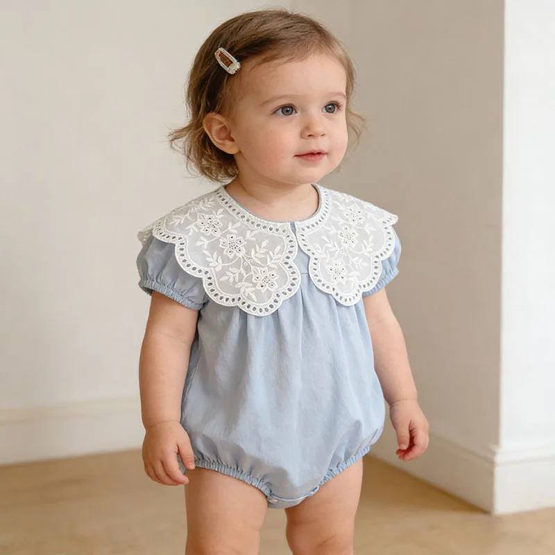 

Girls Onesie 2026 Spring and Summer New Childrens Clothing Korean Style Girls Baby Fashion Lace Doll Collar Onesie Simple
