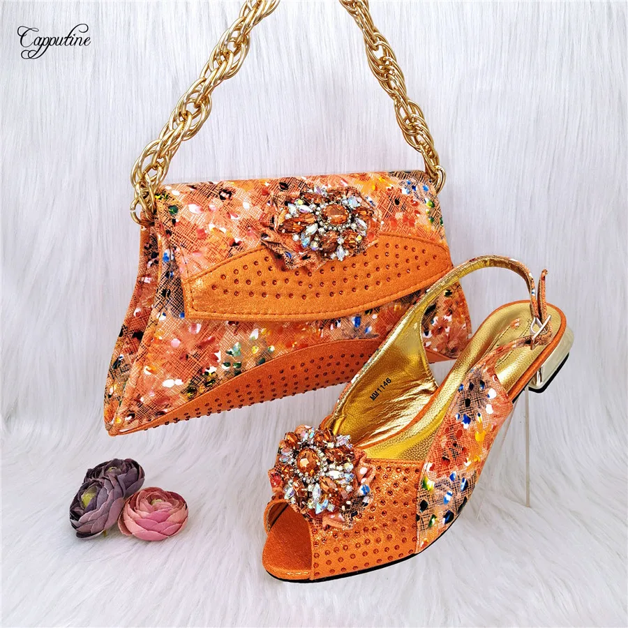 

Orange Women Shoes And Bag Set Fashion African Ladies Medium Heels Summer Sandals Match With Handbag Sandales Femmes MM1146