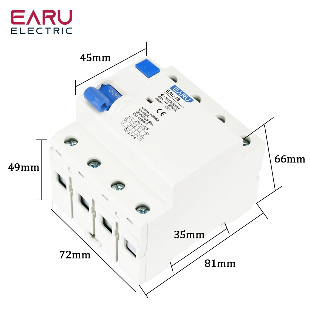 4P 32A 10/30/100/300mA Type AC RCCB RCD ELCB Electromagnetic Residual Current Circuit Breaker Differential Breaker Safety Switch