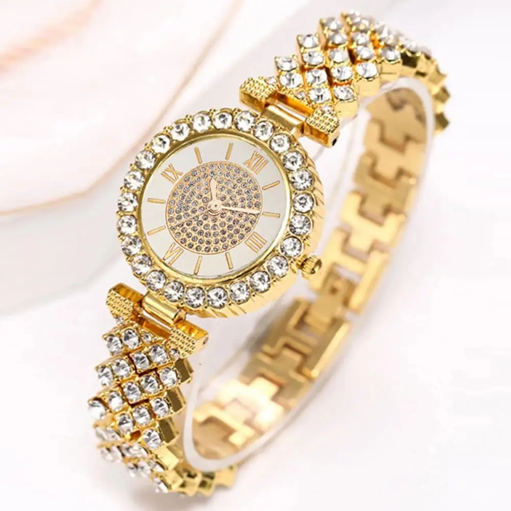 Conjunto de joyería de reloj de pulsera exquisito para mujer, conjunto de joyería de reloj de cuarzo con decoración de diamantes de imitación, decoración de muñeca de alta precisión inoxidable