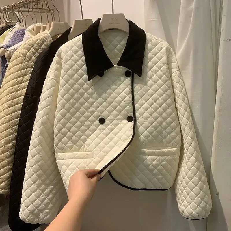 Korean color contrast lapel down jacket women's 2023 winter new  rhombus sweet white duck down jacket  Thick （Winter)