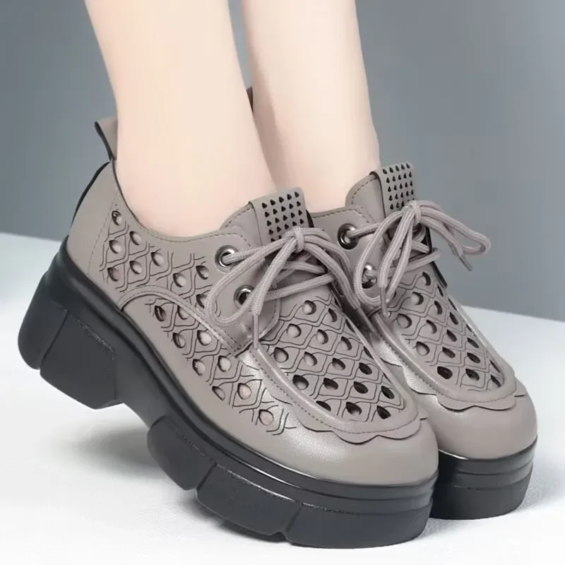 2025 Summer Women's Platform Vulcanized Shoes Round Toe Perforated Lace-Up Sport Sandals for Daily Career Ladies Casual Sneakers