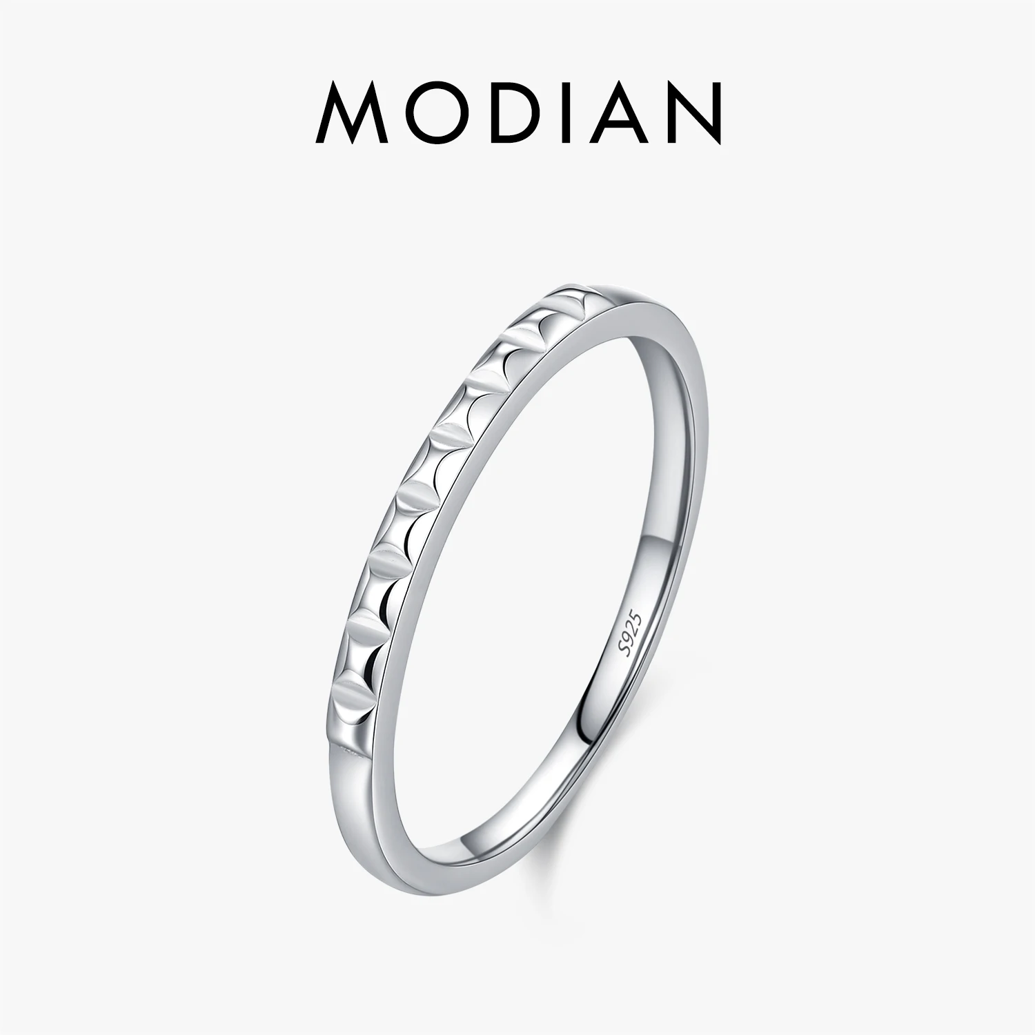 MODIAN 925 Sterling Silver Thin Band Ring Mini Rhombus Cut Pattern Stackable Finger Rings For Women Minimalist Daily Jewelry