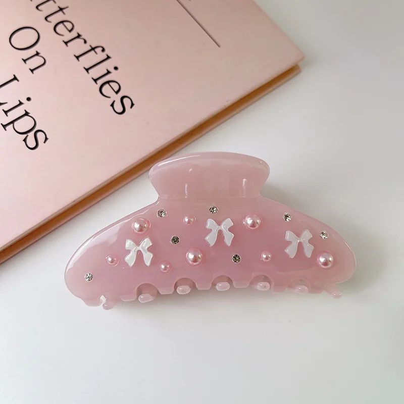 Fashion Claw Acetate Claw Clip Sweet Half Tie Hair Clip Pink Bow Diamond Hair Medium Flower Shark Clip Hair Accessories