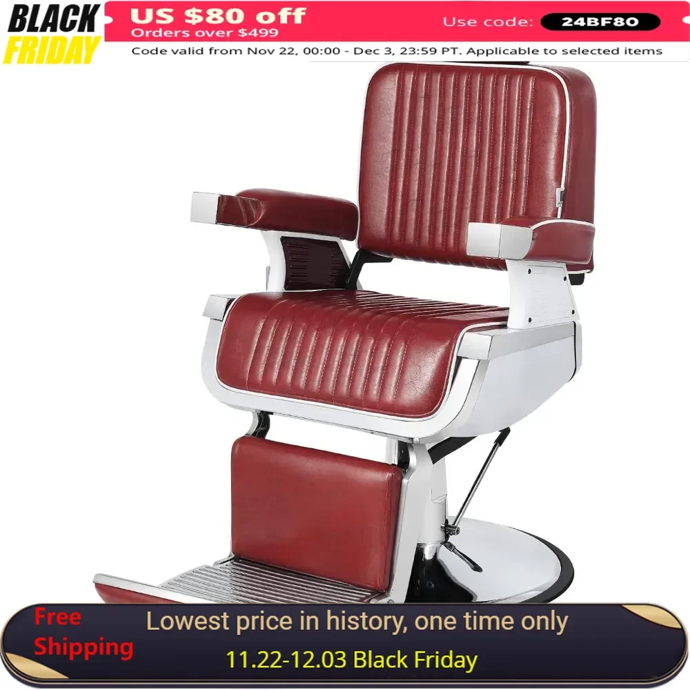 Barber Chair,Heavy Duty Hydraulic Recline  Salon Chair Barber Chairs for Hair Stylist Tattoo Chair Barber Salon Equipment (Red)