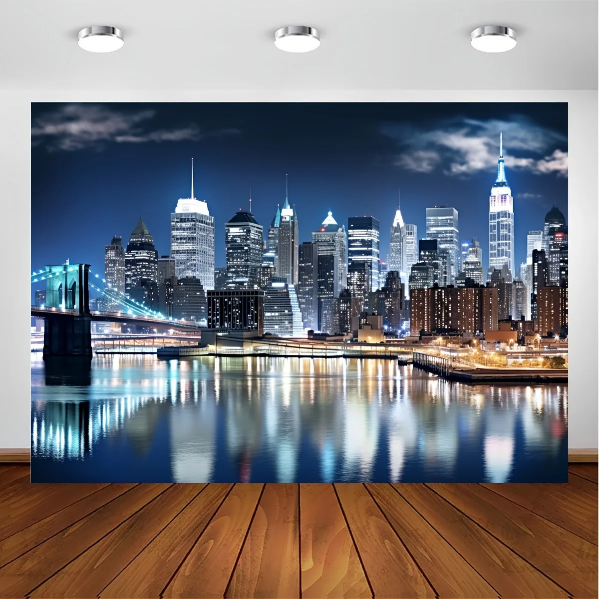 Plan 2D, 1 pièce - Scène nocturne de New York - Pont de Brooklyn, Times Square et One World Trade Center