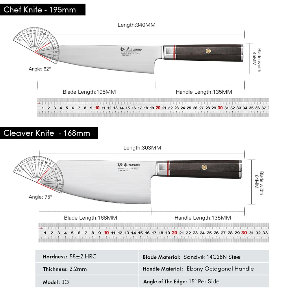 TURWHO 1-2pcs Sandvik 14C28N Stainless Steel Chef Knife Cooking Meat Cleaver Knife Octagonal Ebony Handle Kitchen Knives Set