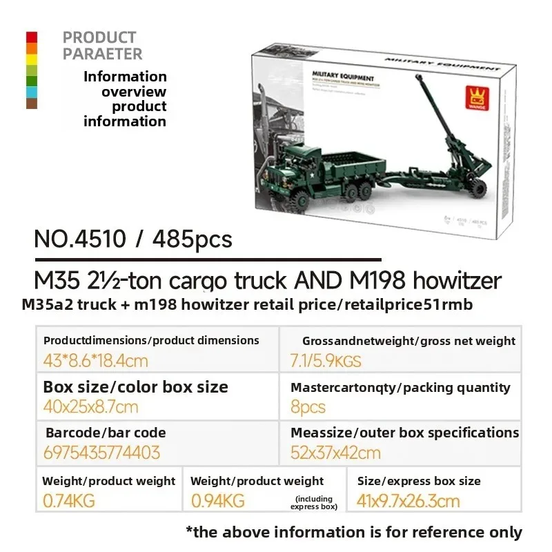 Modern M35A2 truck M198 rocket launcher armored vehicle model toy bricks children's DIY toy gifts