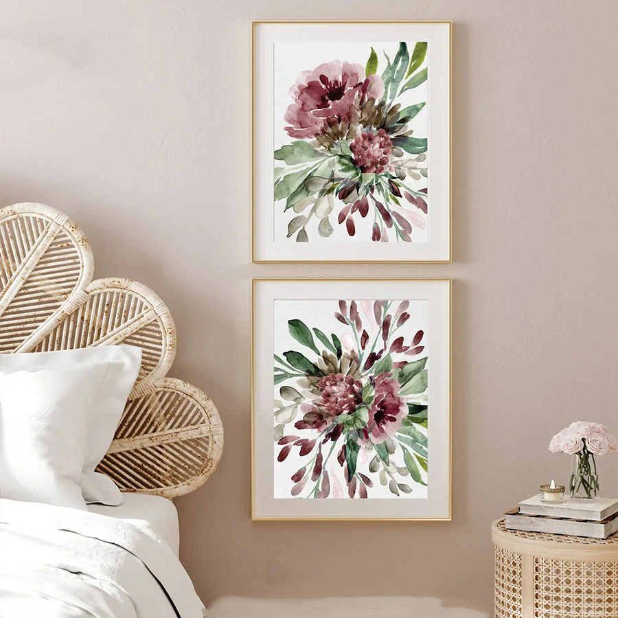 Maroon Brown Watercolor Flowers Poster and Print, Farmhouse Wall Art ,Canvas Painting for Living Room, Home Decor, No Frame