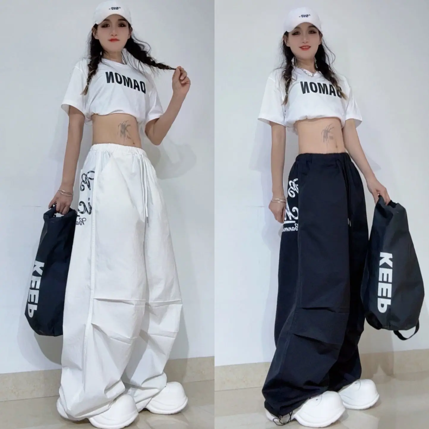 

Large Size American High Street Embroidered Paratrooper Pants Men's Summer Dstring Trousers Wide Leg Workwear Trousers