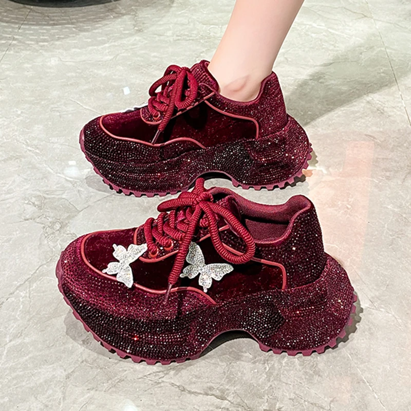 Luxury Rhinestone Butterfly Platform Sneakers Women 2025 Winter Sequin Fabric Thick Bottom Sports Shoes Designer Female Sneakers