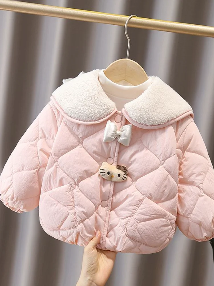 

Anime Hello Kitty Children Winter Jacket for Girls Polar Fleece Thicken Warm Princess Hooded Down Jackets Cute Outwear