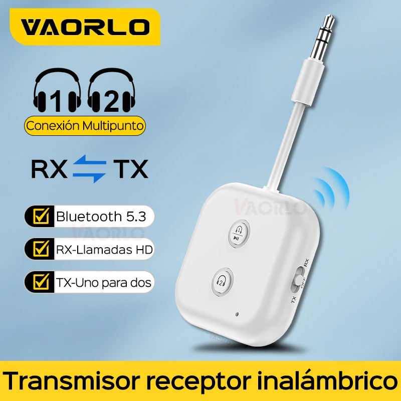 VAORLO Bluetooth 5.3 Multipoint Receiver Transmitter 3.5mm AUX Stereo Music Wireless Audio Adapter Handsfree Call With Mic