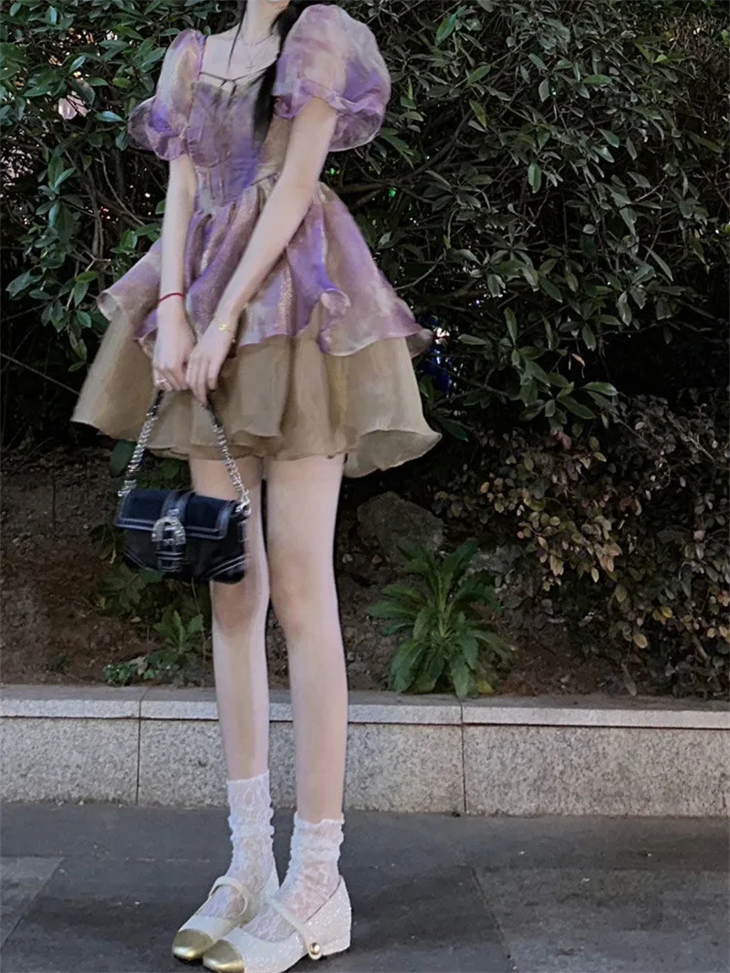 

Dresses Women French Style Design Fashion Cozy Mini Puff Sleeve All-match Square Collar Summer Streetwear Daily Students