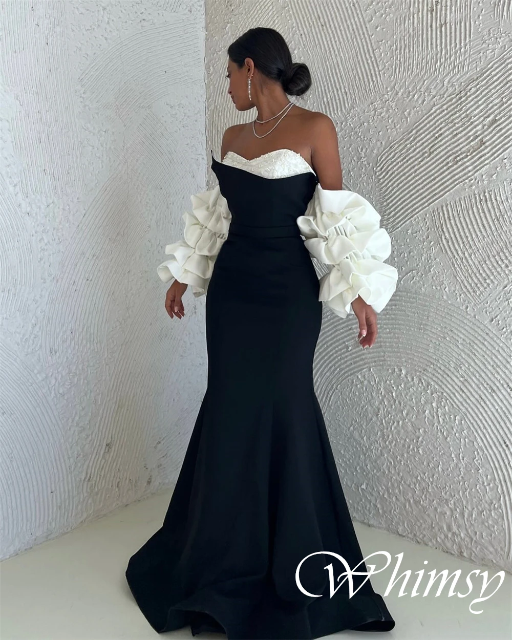 Customized Sweetheart Detachable Sleeve Cocktail Dress Mermaid Floor Length Black Evening Dress Contrast Color Zipper Back