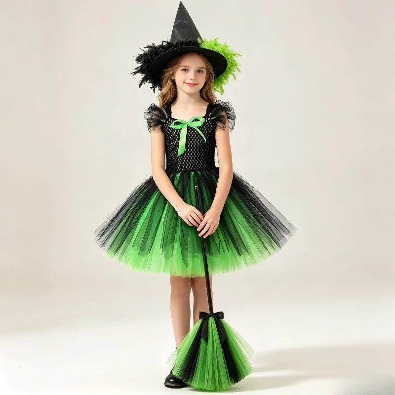 Halloween Girls Tutu Dress Set Kids Fairy Witch Costume Pastel Tulle Sleeveless Party Dress