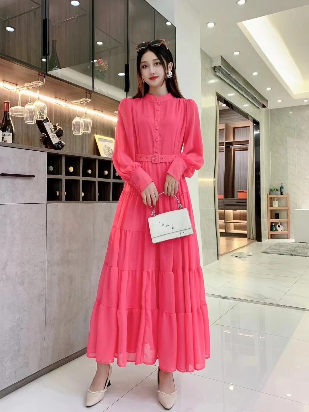 2024 New Spring Autumn Women Long Sleeve Belt Slim Long Dress High Quality Elegant Patchwork Big Hem Solid Color Chiffon Dress