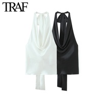 TRAF Satin Texture Top for Women Fashion Summer Halter Sleeveless Backless Camisole Tank Chic Female Sexy Streetwear Vest Mujer