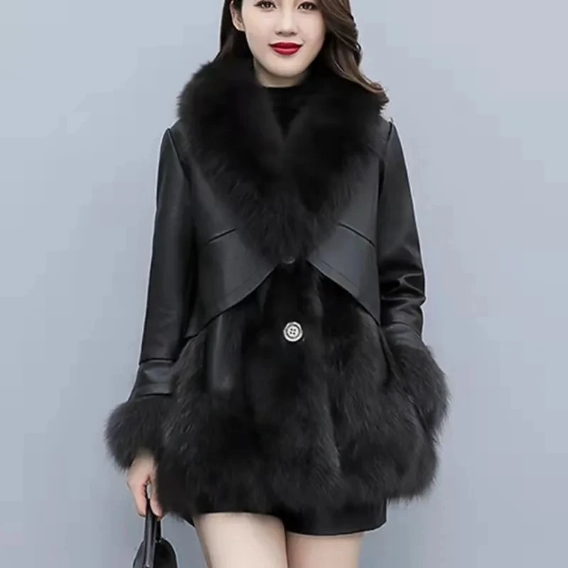 2024 Fashion Faux Sheepskin Fur Patchwork Coat Women Autumn Winter Fox Fur Short Jacket Streetwear Female Thicken Warm Overcoat