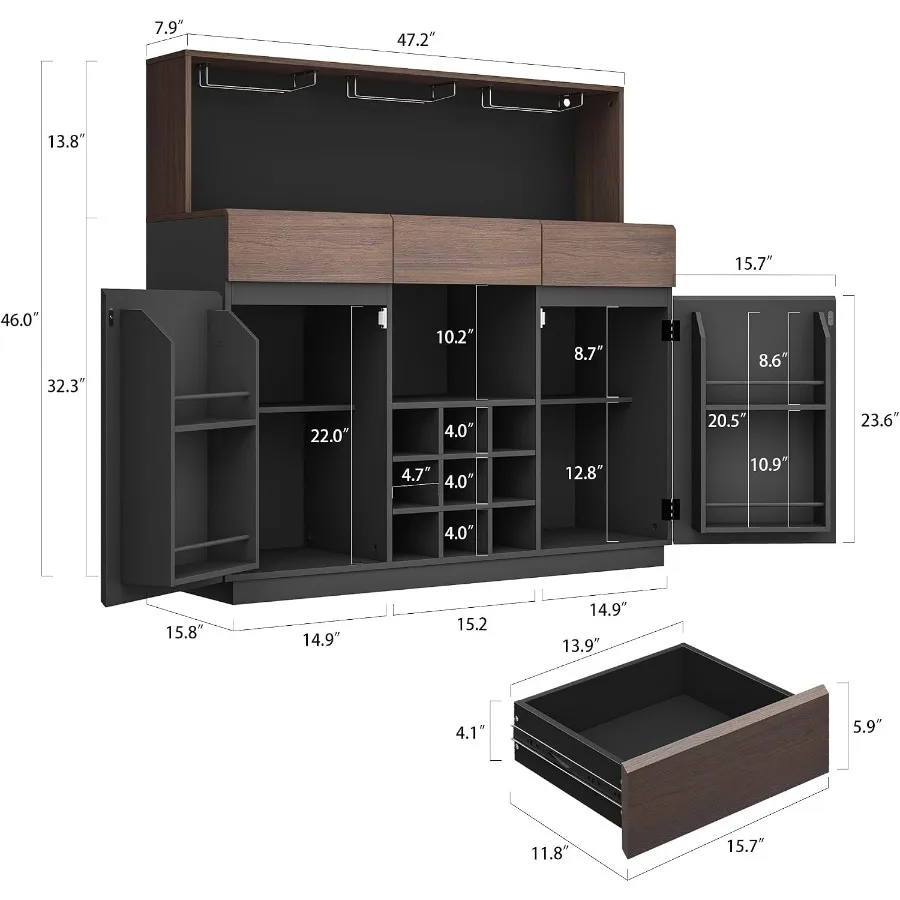 Wine Cabinet with 3 Drawers, Coffee Bar Cabinet with LED Lights, Stemware Holders Wine Racks, Home Bar with Charging Station fo