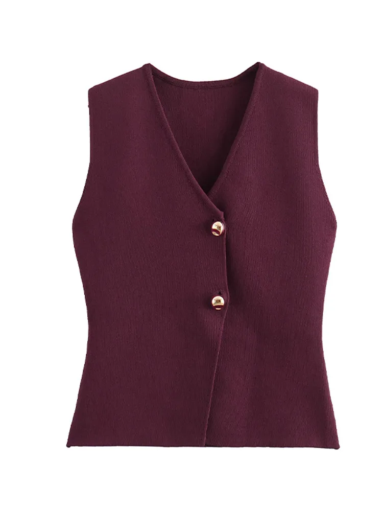 Elegant Solid Color V-neck Knitted Vest For Women Fashion Single Breasted Sleeveless Slim Waistcoat Lady New 2024 Chic Knitwear