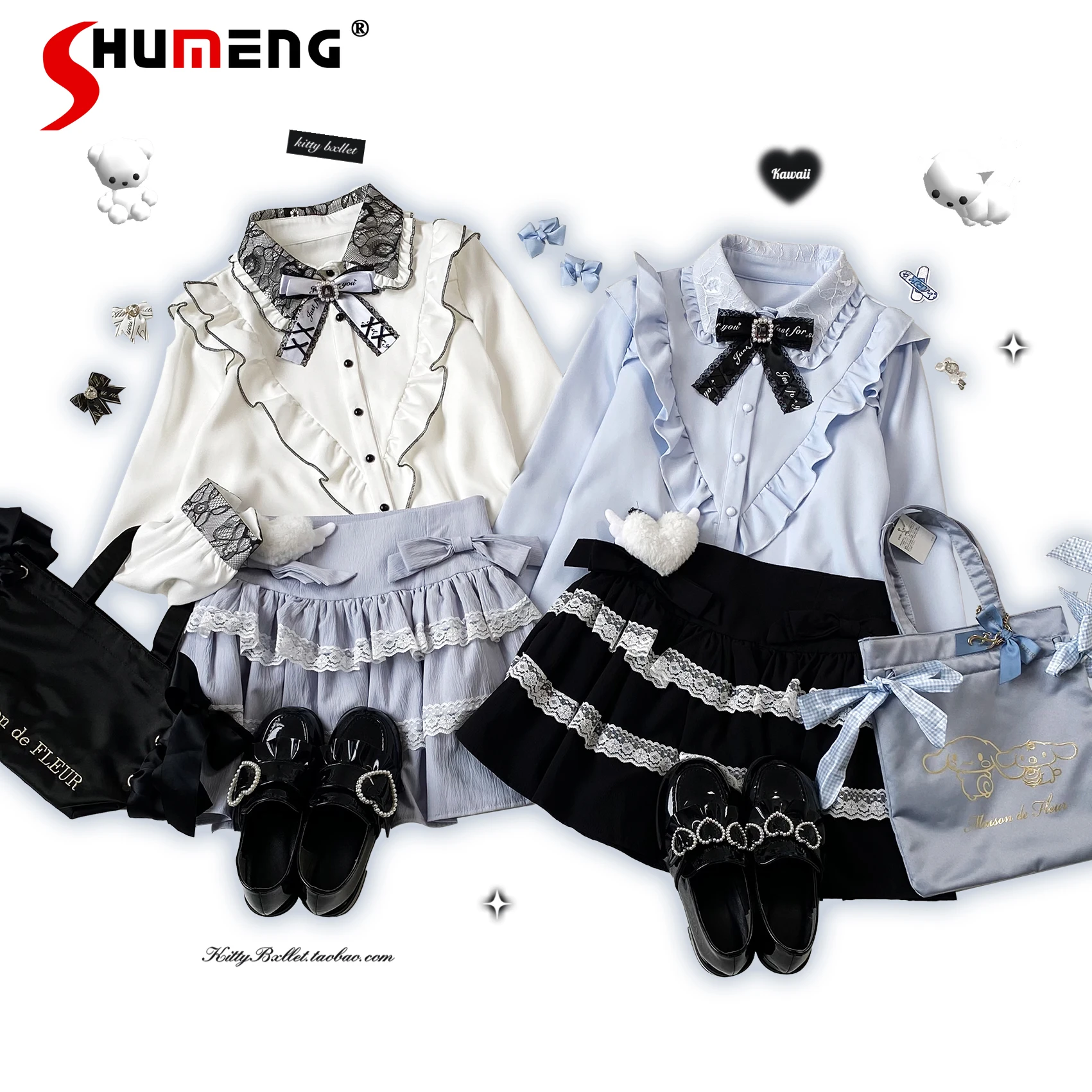 

Japanese Mine Style Mass-produce Lace Splicing Ruffles Lapel Long Sleeve Single-breasted Versatile Sweet Lolita Shirts Top Women