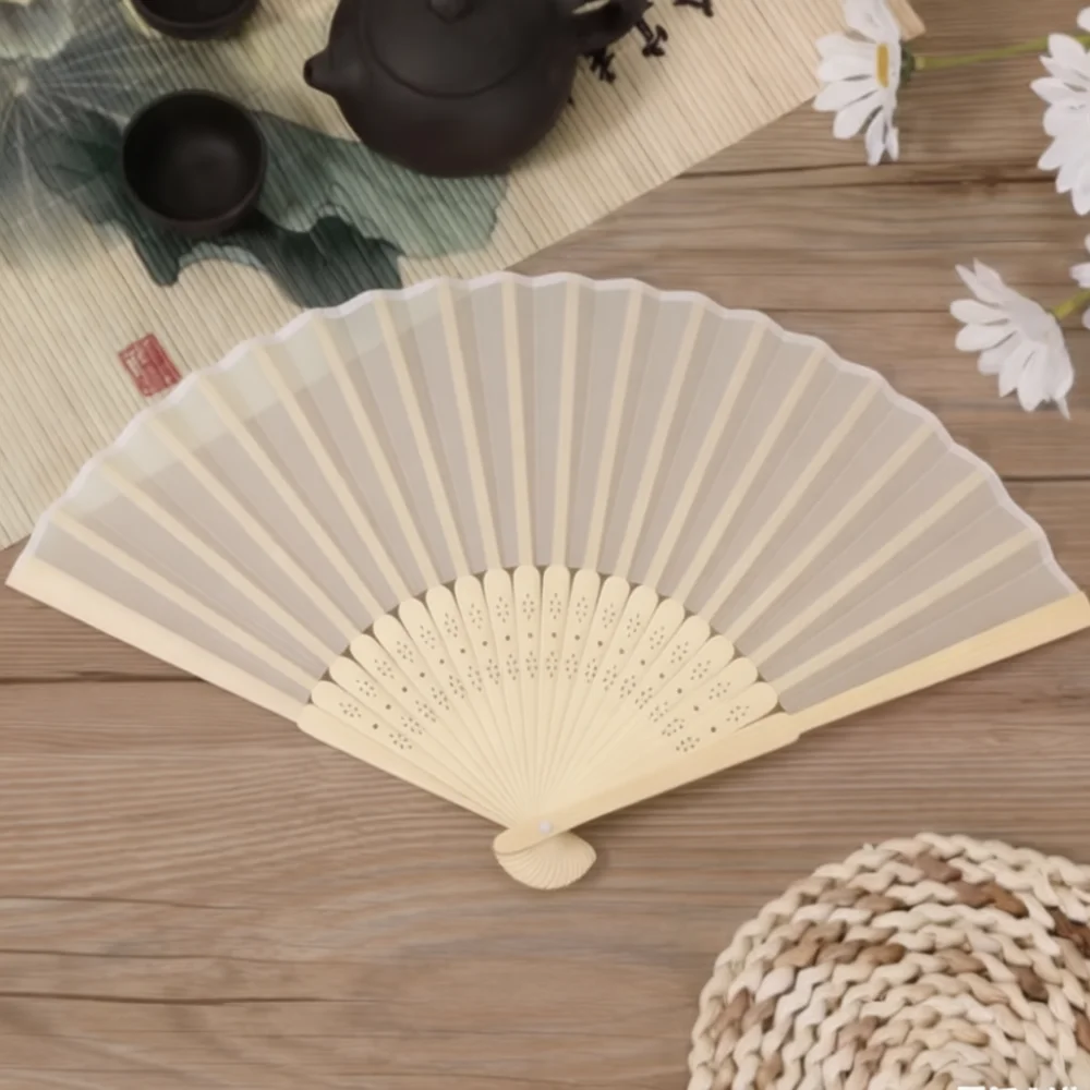 Vintage Style Bamboo Folding Fan Polyester Material Minimalist Solid Color Hand Held Cooling Fan For Party Dance Decoration