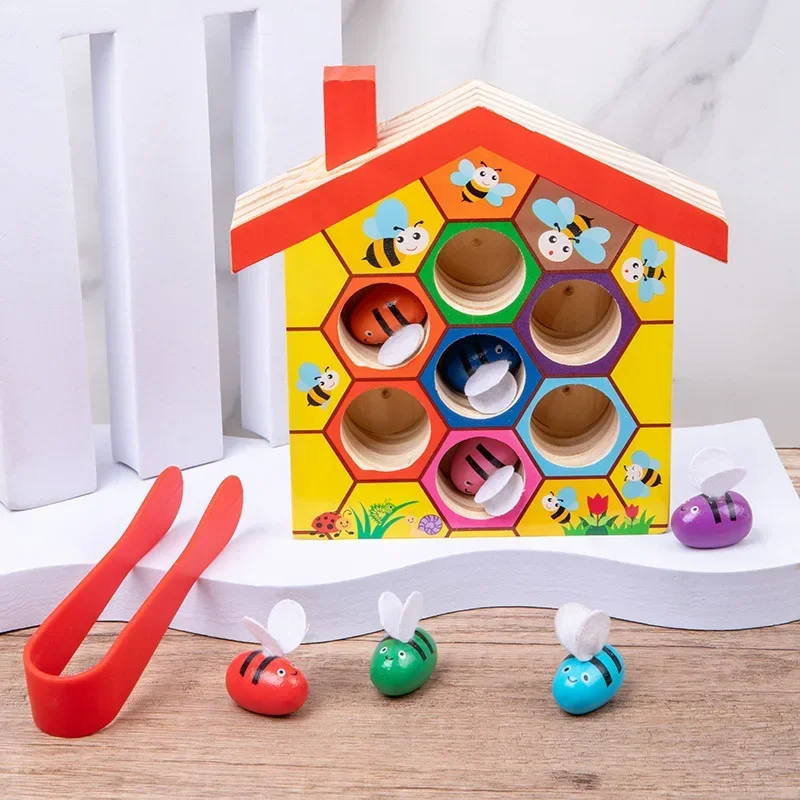 Montessori Wooden Toys Color Cognition Clip Beads Matching Clamp Bee House Trap Game Early Educational Toys Gift for Children