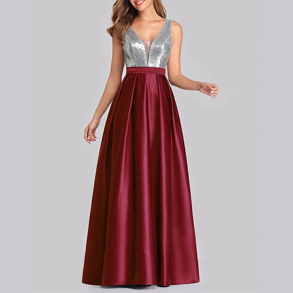 Elegante Pailletten Bankett Abend Party Kleider für Frauen Hochzeit Brautjungfer V-Ausschnitt rücken