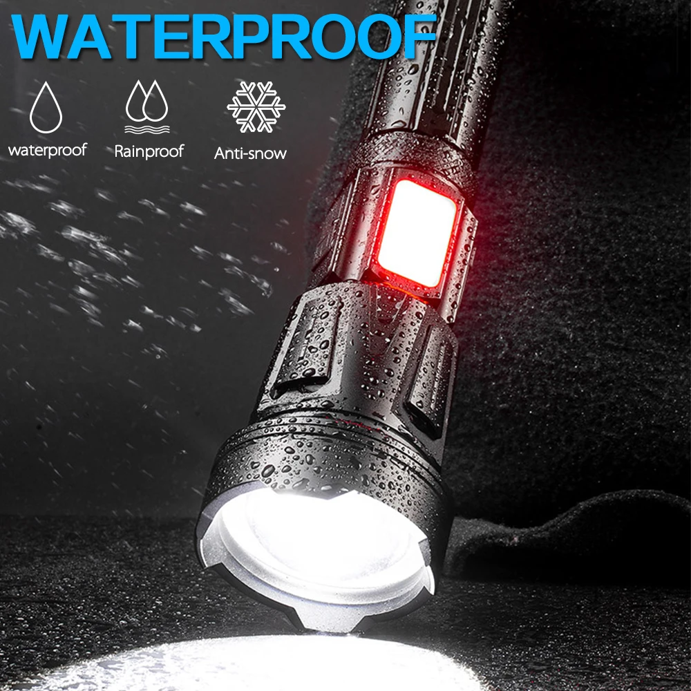 P160 9core LED Flashlight USB Rechargeable Torch Zoomable Lights with Side Red Powerful Power Bank Waterproof Tactical Lanterns