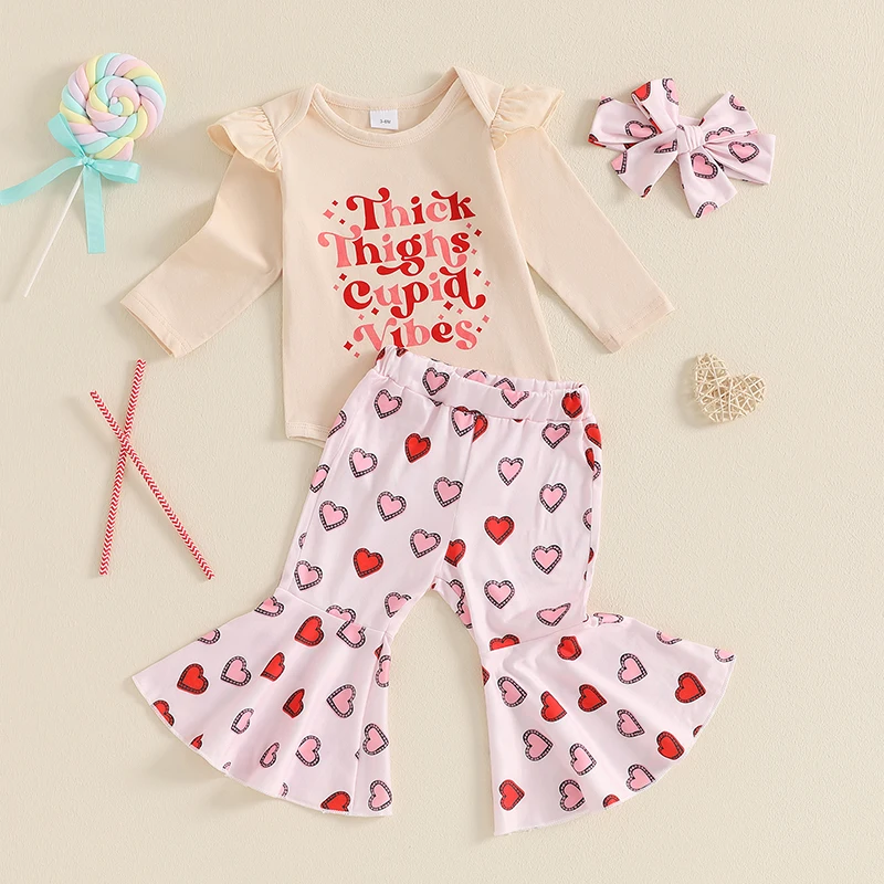 Baby Girls Fall Outfit Long Sleeve Letters Print Romper with Heart Flare Pants and Headband Valentines Day Clothes