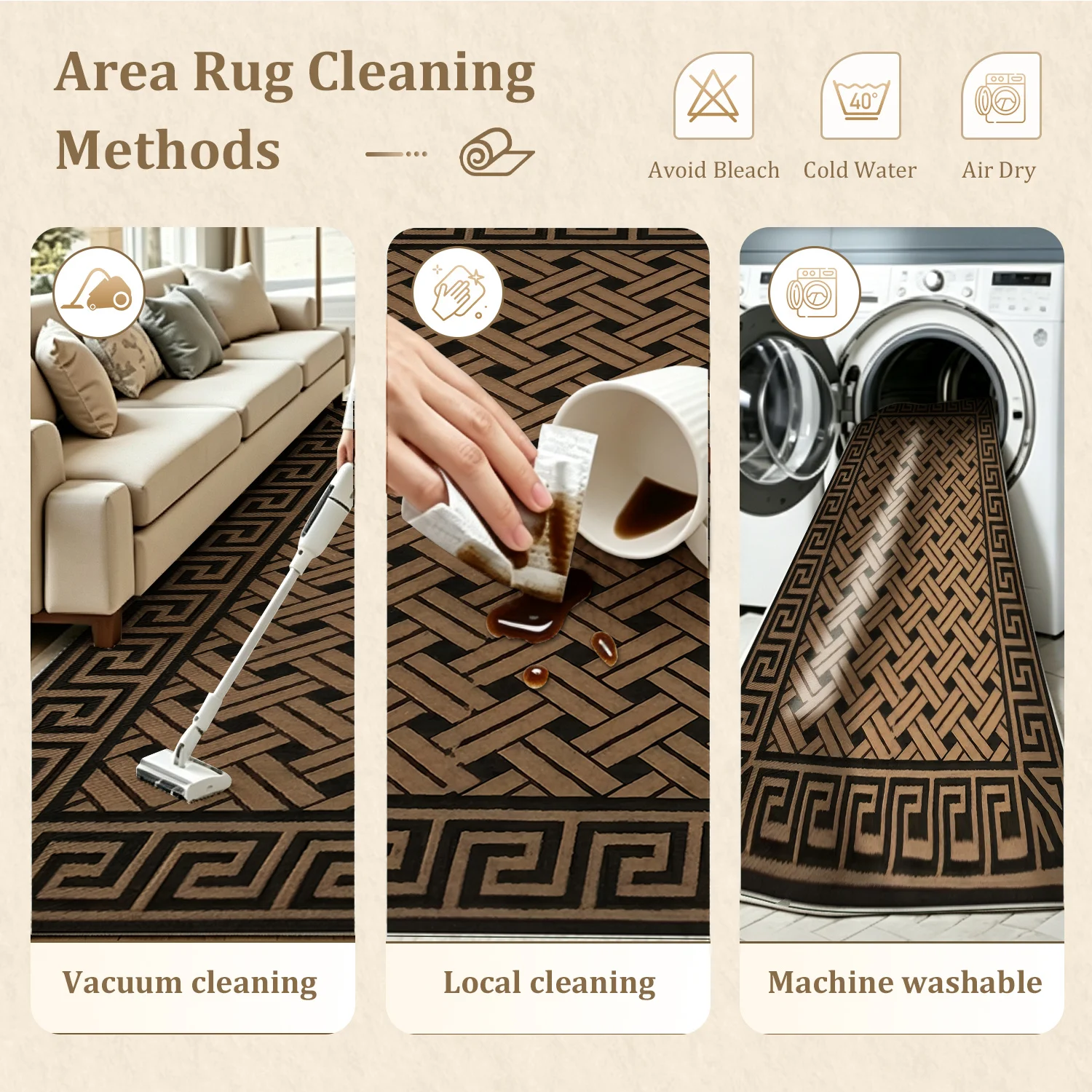 Large Indoor Area Rug, Soft Velvet Low Pile with Non-Slip Dotted Backing, Machine Washable Tan & Black Geometric Greek Key Woven Rug for Living Room, Bedroom, Entryway, Modern Home Decor - view 8