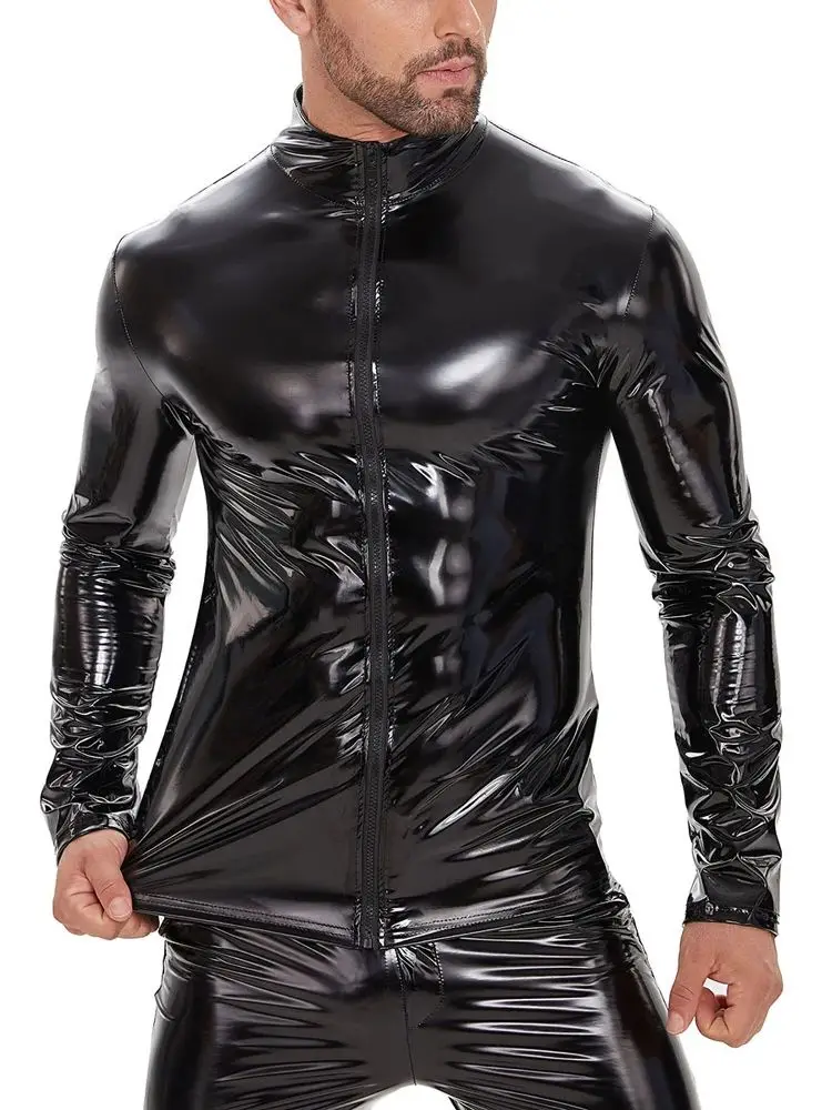 Men Long Sleeve Faux Shiny PU Leather Tshirt Wet Look PVC Mens Jackets Coats Tight Sexy Cosplay Windbreaker Moto T Shirt Tops