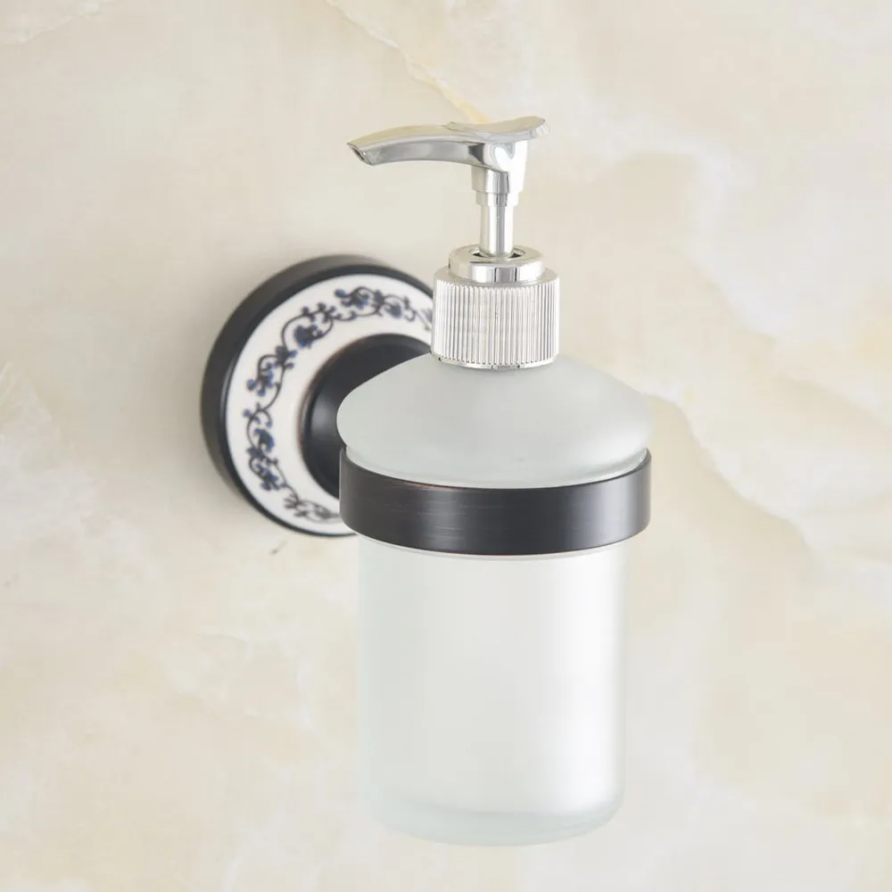 

Black Brass Ceramic Base Bathroom and Kitchen Glass bottle liquid Soap Dispenser Wall Mounted Soap dispensers Holder rack mba957
