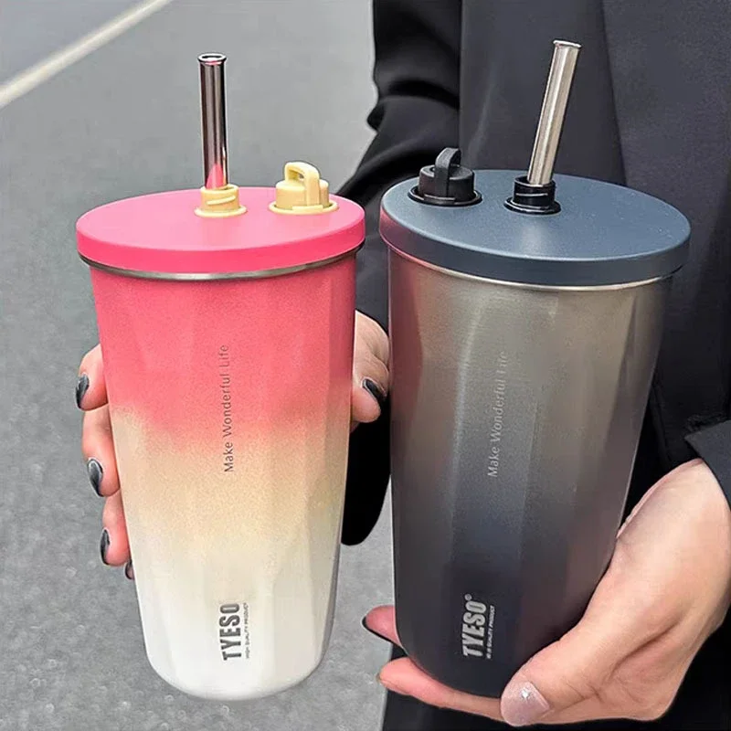 Tyeso 600ML Stainless Steel Coffee Cup With Straw Gradient Color Insulated Water Bottle Car Thermos Mug Cold Drink Vacuum Cup